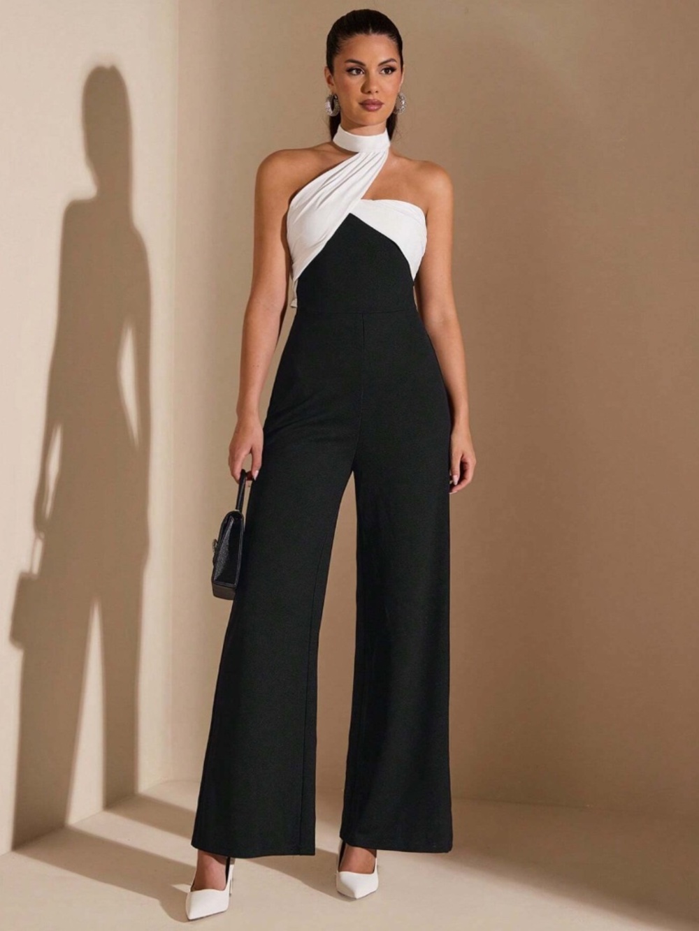 Asymmetrical White Halter Black Elegant Jumpsuit Zipper Closure - Picture 6 of 8